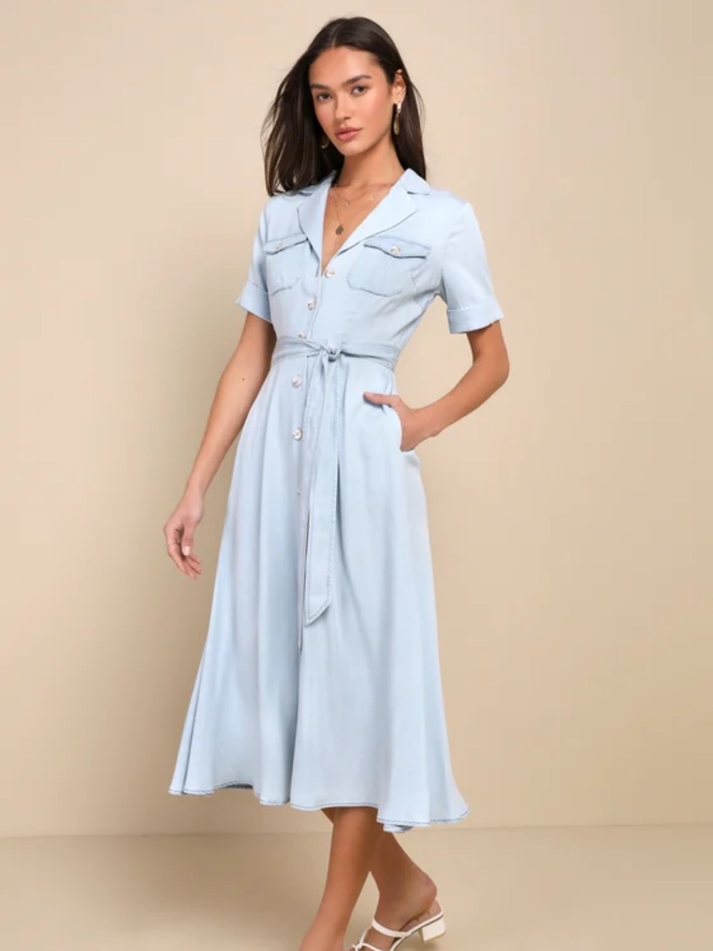 Lulus Pleasant Cutie Blue Chambray Collared Midi Dress With Pockets
